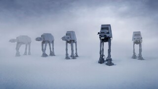 Imperial Walkers (AT-ATs) similar to those seen in film The Empire Strikes Back. (Editorial use only).