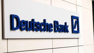 Exterior view of Deutsche Bank sign on side of HQ headquarters Head Office building in Moorgate City of London England UK Great Britain KATHY DEWITT