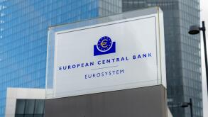 Sign of the European Central Bank at the entrance in front of the skyscraper. Symbol of the ECB. Important institution in the Eurosystem for money.