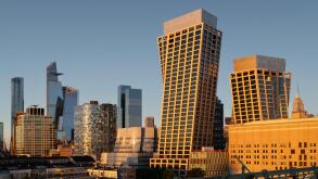 New York city, Manhattan landscape with unique shapes buildings named Hell's kitchen. Pier 88 in the foreground.