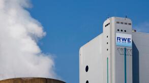 RWE AG, logo of power company on plant at Niederaussem Bergheim lignite power plant, North Rhine-Westphalia