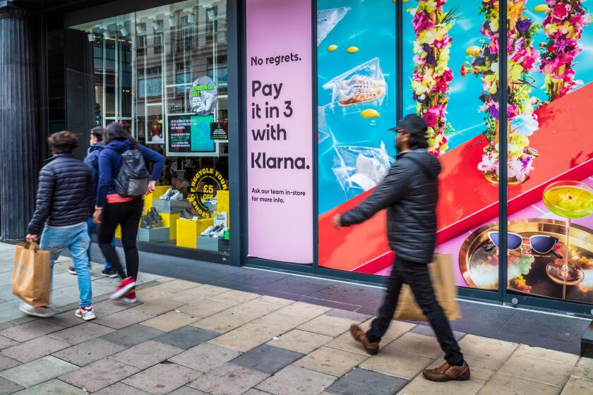 Klarna credit payment scheme. Advertising Klarna available in a store on London Oxford St. Klarna is a buy now pay later system popular with the young