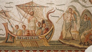 Mosaic scene from Homer's Odyssey, Ulysses meeting with sirens in The Bardo museum in Tunis, capital of Tunisia.