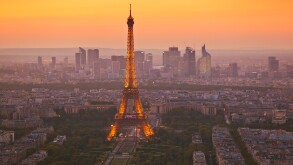 Paris skyline at sunset showing the Eiffel tower and surrounding areas Paris France EU Europe