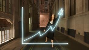 Businesswoman light painting glowing chart with upward arrow symbol  on city street at night