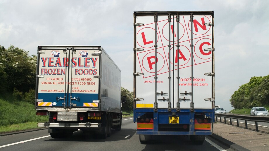 Lorry overtaking another lorry on the busy A1 road in the uk