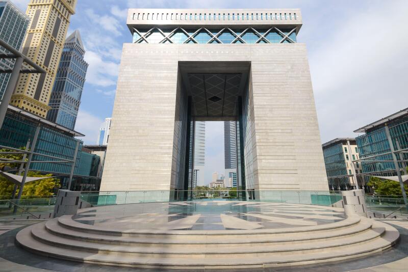 The Gate building at Dubai International Financial Centre in Dubai, United Arab Emirates. Gate building of DIFC at the financial district avenue.