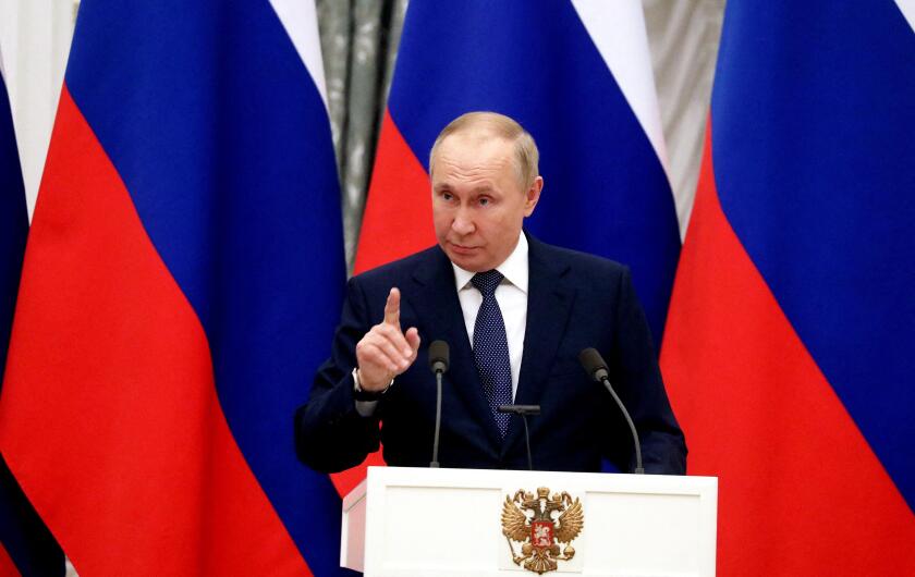 Moscow, Russia. 08th Feb, 2022. Russian president Vladimir Putin holds a joint press conference after meeting with his French counterpart in Moscow, Russia early on February 8, 2022. International efforts to defuse the standoff over Ukraine intensified wi