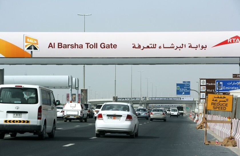 ARE, United Arab Emirates, Dubai: SALIK toll bridge, road toll system on Sheikh Zayed road.