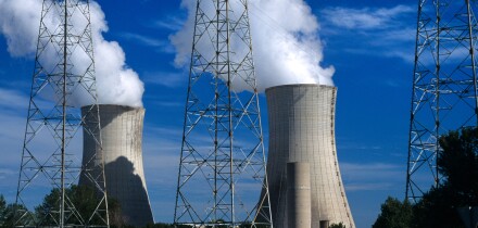 Cooling Towers & Electricity Pylons of Tricastin Nuclear Power Plant, or Nuclear Power Station, Rhone Valley, France