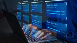 Agile software development with developer using Kanban board framework methodology on computer. Lean project management tool for fast changes, devops