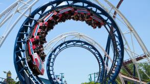 Sandusky, Ohio, USA / June 13th 2024 - The Cork Screw rollercoaster at Cedar Park, Sandusky, Ohio. USA