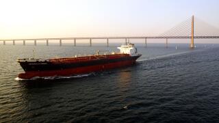The chemical tanker "Seychelles Pioneer" at Oresund Bridge near Malmo, Sweden