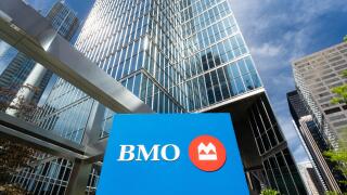 Toronto, Canada - May 26, 2026: BMO Bank Sign and Modern Glass Skyscrapers in Downtown Financial District