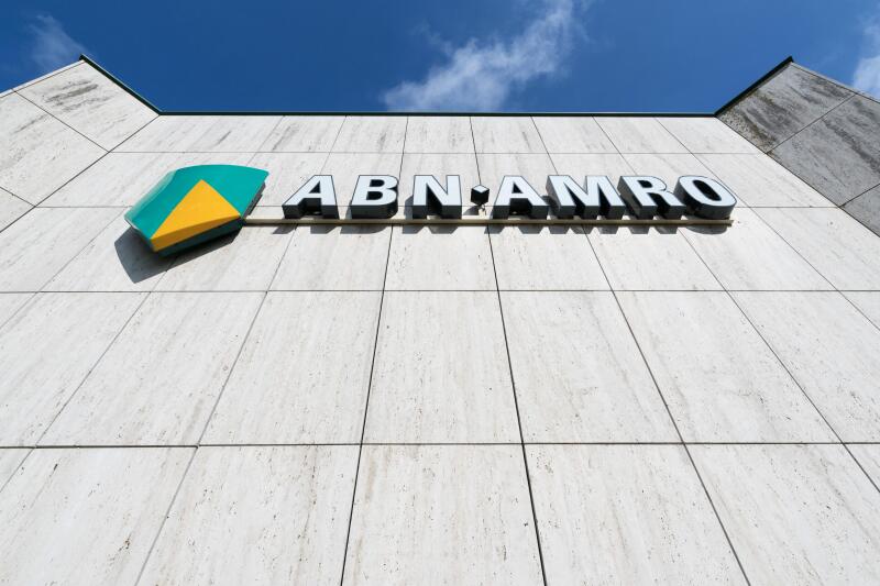 ABN AMRO sign at branch. ABN AMRO is the third-largest bank in the Netherlands.