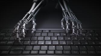 Robot typing on a computer keyboard - automation and AI research concept illustration