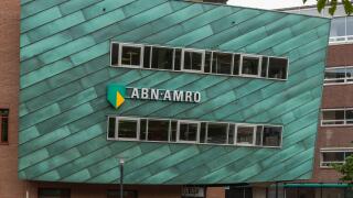ABN AMRO bank brand logo on a local branch in the city of Amersfoort in the Netherlands.