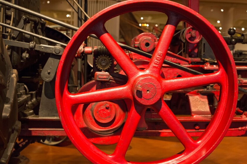 Dearborn, Michigan - Detail of a steam traction engine at the Henry Ford Museum. It was used to plow large farms around 1916.
