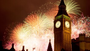 New Year fireworks and Big Ben, Westminster, London, England, United Kingdom, Europe
