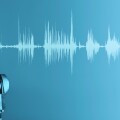 Microphone with waveform on blue background, broadcasting or pod