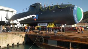 Launch of the Scire submarine for the Italian Navy at the Fincantieri shipyards  of Muggiano (La Spezia)