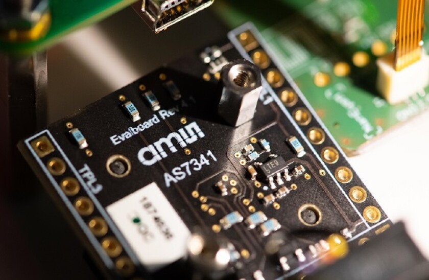 Munich, Germany. 16th Sep, 2019. A circuit board with sensor technology from AMS can be seen during a press conference. The bidding battle for the lighting manufacturer Osram, which is up for sale, enters a decisive phase. Credit: Sven Hoppe/dpa/Alamy Liv