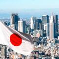 Panoramic view of Tokyo and Japanese flag, Japan