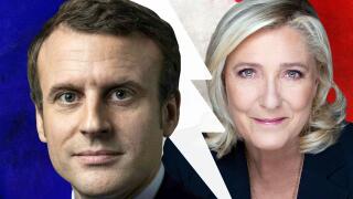 Emmanuel Macron and Marine Le Pen with the French flag