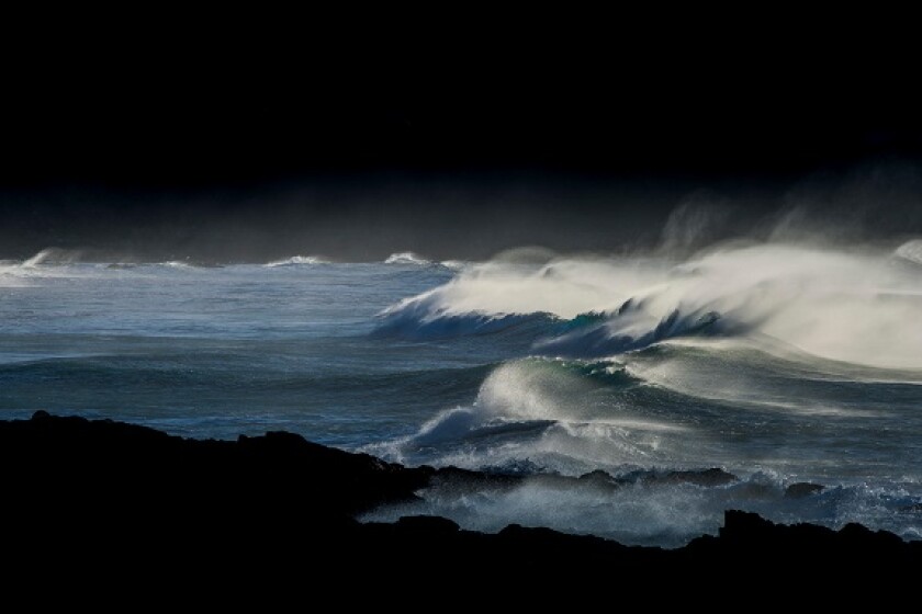 High wind Spray Waves Fistral Newquay North Cornwall UK weather