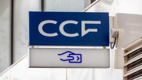 Sign and logo of a branch of the Credit commercial de France (CCF) banking group, a bank which previously operated in France under the HSBC brand