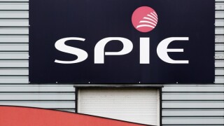 Peronnas, France - April 7, 2019: Spie logo on a building. Spie is a french company specialized in the fields of electrical, mechanical