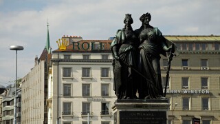 The National Monument with Geneva and Helvetia from 1869 in Geneva, Switzerland, Europe