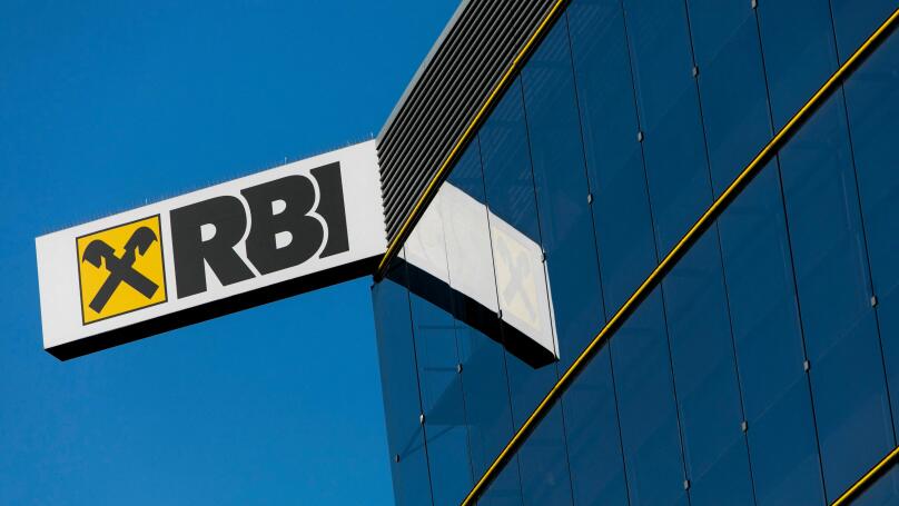 A logo sign outside of the headquarters of Raiffeisen Bank International (RBI) in Vienna, Austria, on September 5, 2018.