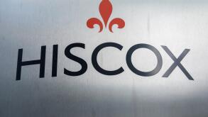 Signage outside Hiscox, a small business insurer and home insurance company on Great St Helens, London, UK