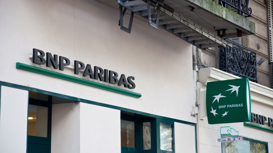 Entrance to a branch of the BNP Paribas branch in central Paris.
