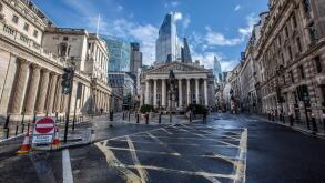 A quiet Bank Junction overlooking Bank of England and the Royal Exchange as a second coronavirus threatens the UK's economy, London, England, UK