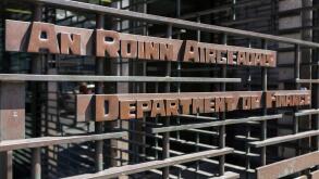 Name on the Irish Department of Finance building on Merrion Row, Dublin, Ireland.