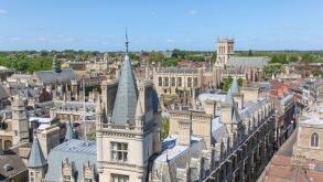 A high angled view of the historic architecture in Cambridge England. This university city is a popular destination in England
