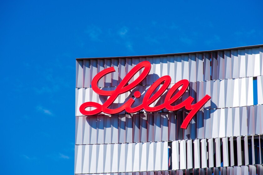 Eli Lilly logo sign atop Lilly Biotechnology Center campus of an American pharmaceutical company Eli Lilly and Company - San Diego, California, USA - 2020