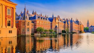 The Hague, Netherlands. Binnenhof castle (Dutch Parliament) in downtown Hague at sunset.