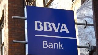 Entrance sign above the Spanish BBVA branch, Knightsbridge, London. Feb 2009