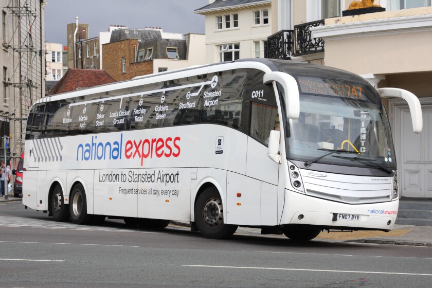 A National Express coach on a U.K. street.