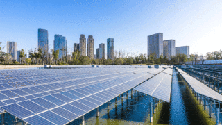 solar panels in water with cityscape in background