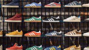 Bangkok, Thailand - September 2, 2023: store shelves with Adidas sneakers, including Gazelle, Campus, Stan Smith.