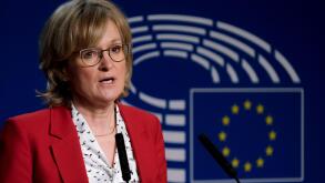 Brussels, Belgium. 2nd Oct, 2020. EU commissioner in charge of Financial services, Financial stability and the Capital Markets Mairead McGuinness gives a press statement after her hearing before the Economic and Monetary Affairs Committee of the European 