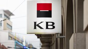 KB bank (Komercni banka) logo sign on a facade. The company is part of the Societe Generale business. Retail banking services in the Czech Republic.