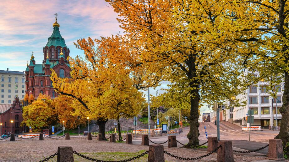 Helsinki Finland, city skyline at Uspenski Cathedral with autumn foliage season
