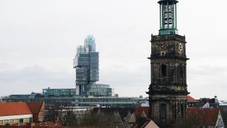 modern NordLB building and historic Aegidienkirche church tower