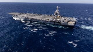 The world's largest aircraft carrier, USS Gerald R. Ford steams in the Atlantic Ocean, Nov. 12, 2024. The Gerald R. Ford Carrier Strike Group is under