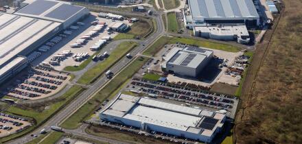 aerial view of the MBDA UK Bolton Aerospace company offices near Bolton (next building up is Komatsu Mining, then Amazon)